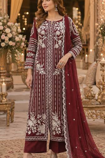 Maroon chiffon suit with thread embroidery & sequin work
