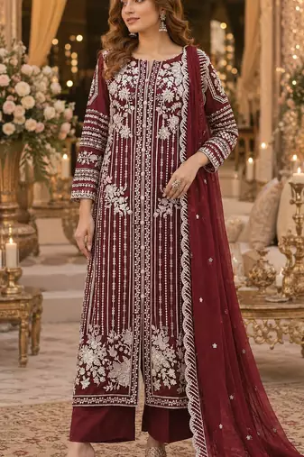 Maroon chiffon suit with thread embroidery & sequin work