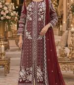 Maroon chiffon suit with thread embroidery & sequin work