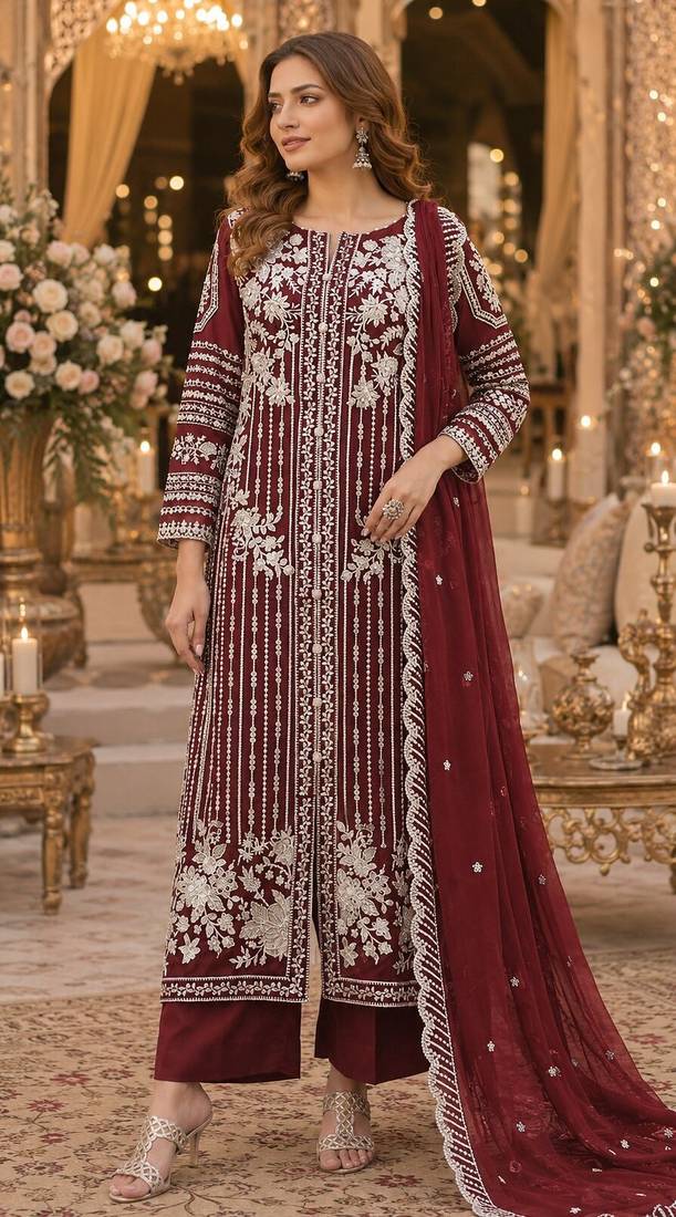 Maroon chiffon suit with thread embroidery & sequin work