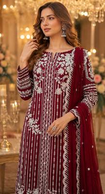 Maroon chiffon suit with thread embroidery & sequin work 2