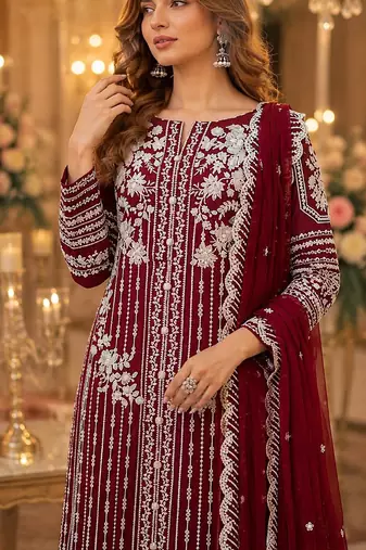 Maroon chiffon suit with thread embroidery & sequin work