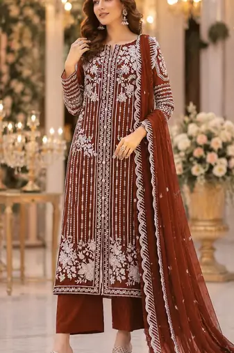 Brown chiffon suit with thread embroidery & sequin work