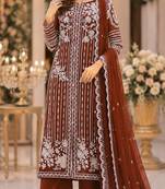 Brown chiffon suit with thread embroidery & sequin work