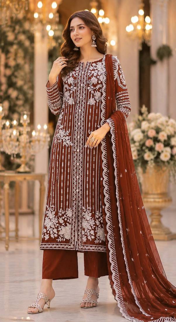 Brown chiffon suit with thread embroidery & sequin work