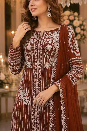 Brown chiffon suit with thread embroidery & sequin work