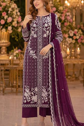 Purple chiffon suit with thread embroidery & sequin work