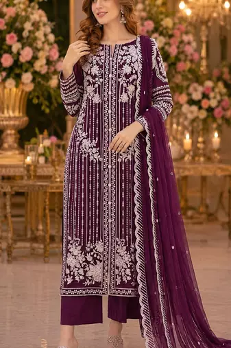 Purple chiffon suit with thread embroidery & sequin work