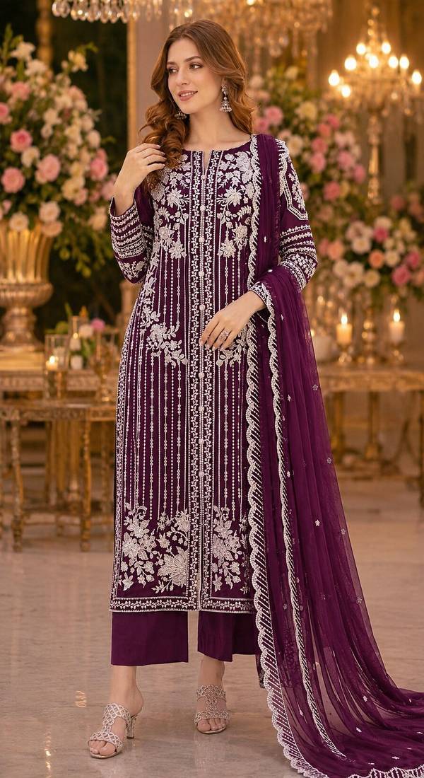 Purple chiffon suit with thread embroidery & sequin work