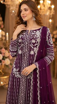 Purple chiffon suit with thread embroidery & sequin work 2