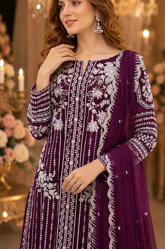 Purple chiffon suit with thread embroidery & sequin work