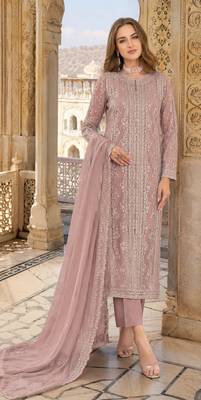 Peach chiffon suit with thread embroidery & sequin work 1