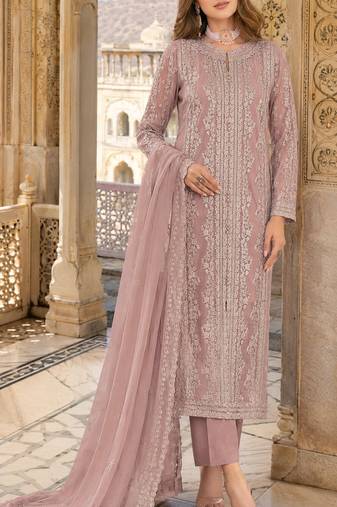 Peach chiffon suit with thread embroidery & sequin work