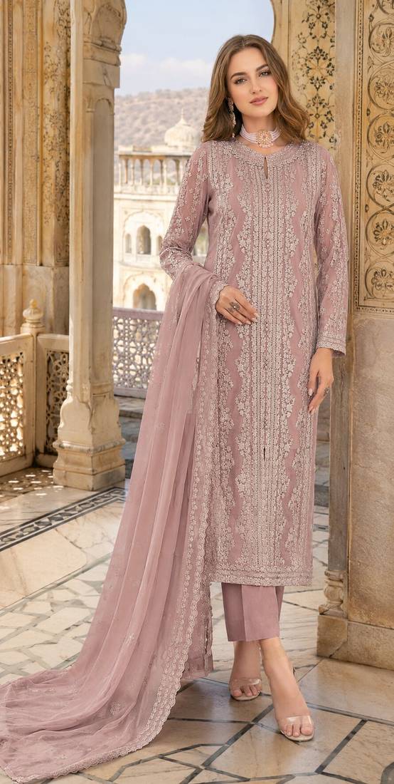 Peach chiffon suit with thread embroidery & sequin work