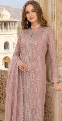Peach chiffon suit with thread embroidery & sequin work 2