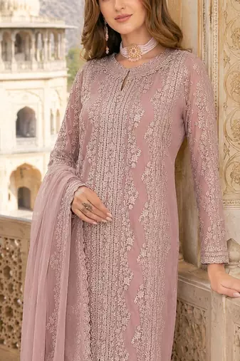 Peach chiffon suit with thread embroidery & sequin work