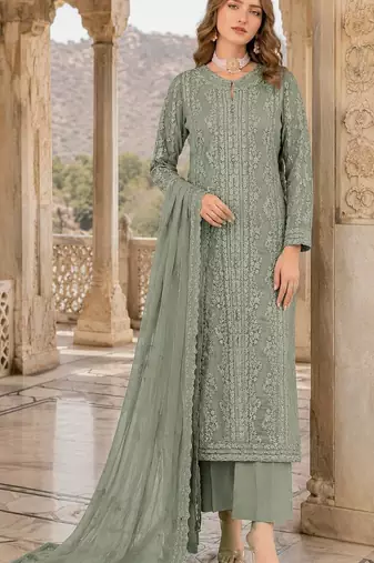 Green chiffon suit with thread embroidery & sequin work
