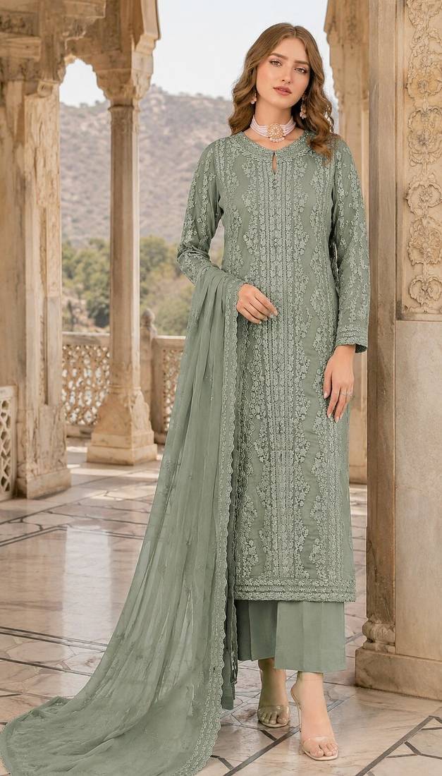 Green chiffon suit with thread embroidery & sequin work