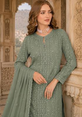 Green chiffon suit with thread embroidery & sequin work 2