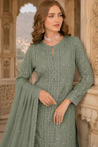 Green chiffon suit with thread embroidery & sequin work