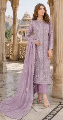 Lavender chiffon suit with thread embroidery & sequin work 1