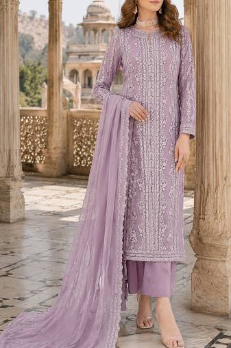 Lavender chiffon suit with thread embroidery & sequin work