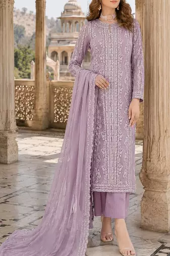 Lavender chiffon suit with thread embroidery & sequin work