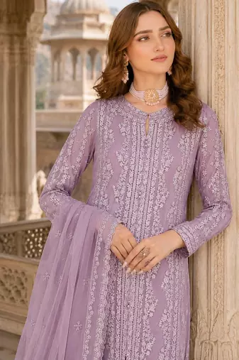 Lavender chiffon suit with thread embroidery & sequin work