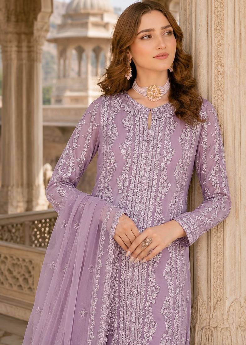 Lavender chiffon suit with thread embroidery & sequin work