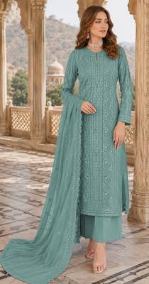 Aqua blue chiffon suit with thread embroidery & sequin work 1