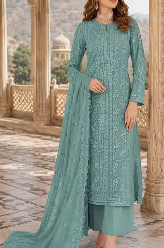 Aqua blue chiffon suit with thread embroidery & sequin work