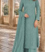 Aqua blue chiffon suit with thread embroidery & sequin work