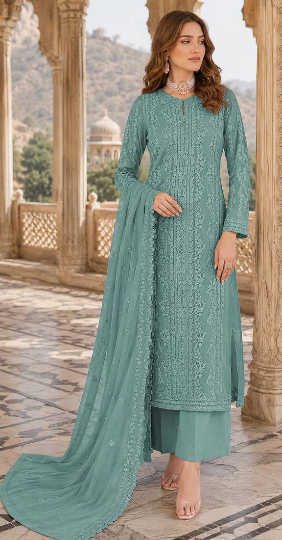 Aqua blue chiffon suit with thread embroidery & sequin work