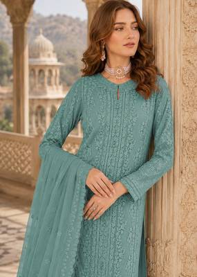 Aqua blue chiffon suit with thread embroidery & sequin work 2
