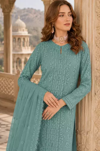 Aqua blue chiffon suit with thread embroidery & sequin work