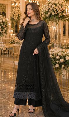 Black chiffon suit with thread embroidery & sequin work 1