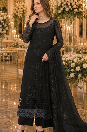 Black chiffon suit with thread embroidery & sequin work