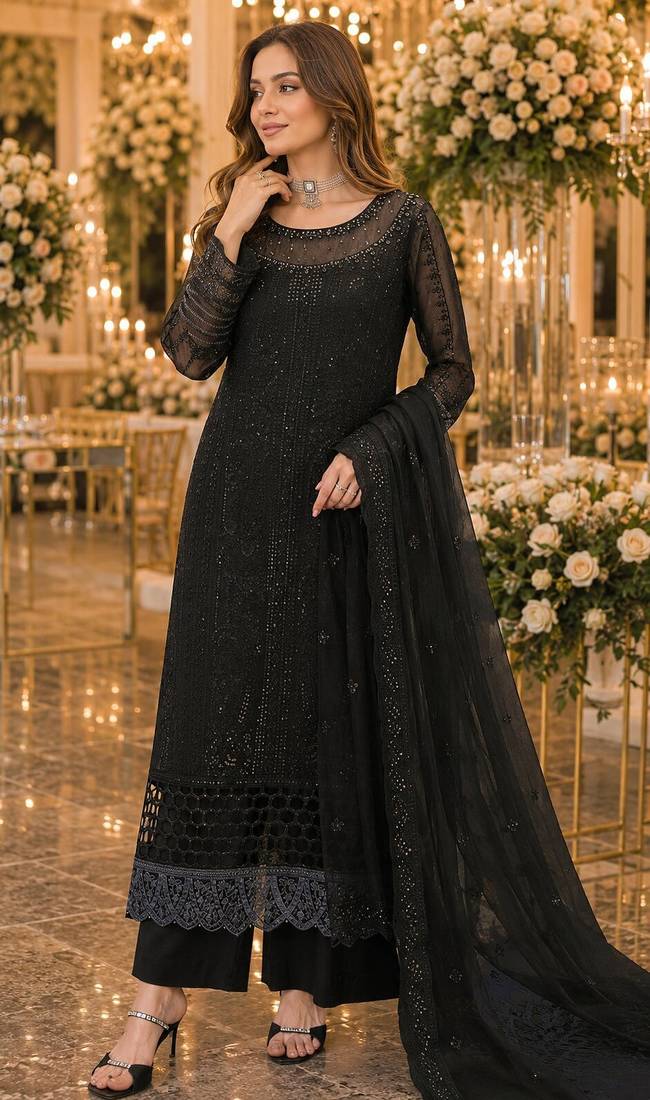 Black chiffon suit with thread embroidery & sequin work