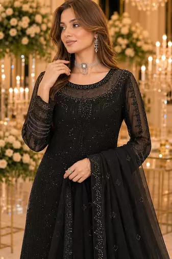 Black chiffon suit with thread embroidery & sequin work