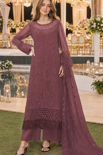 D peach chiffon suit with thread embroidery & sequin work