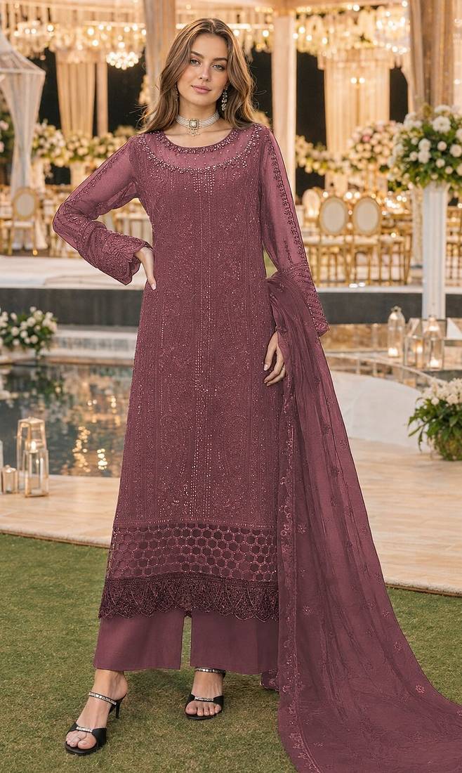 D peach chiffon suit with thread embroidery & sequin work