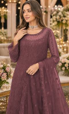D peach chiffon suit with thread embroidery & sequin work 2
