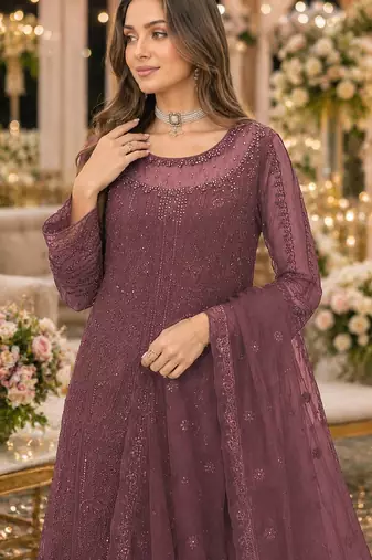 D peach chiffon suit with thread embroidery & sequin work