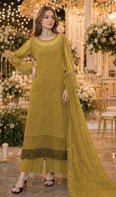 Mustard chiffon suit with thread embroidery & sequin work 1