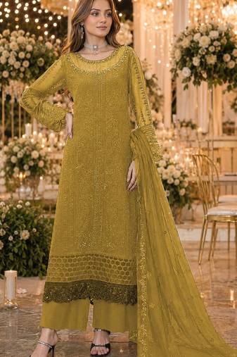 Mustard chiffon suit with thread embroidery & sequin work