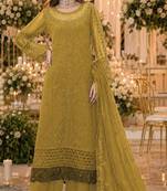 Mustard chiffon suit with thread embroidery & sequin work