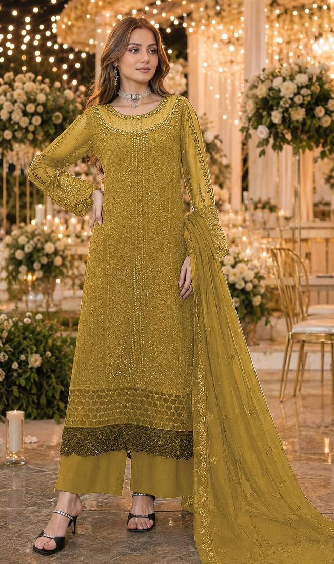 Mustard chiffon suit with thread embroidery & sequin work
