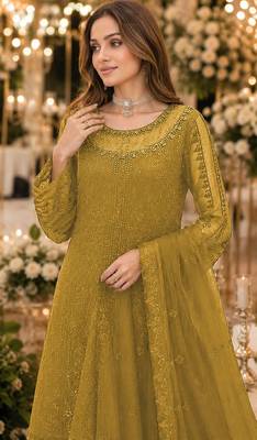 Mustard chiffon suit with thread embroidery & sequin work 2
