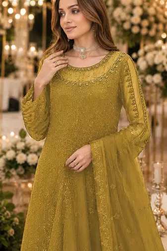 Mustard chiffon suit with thread embroidery & sequin work
