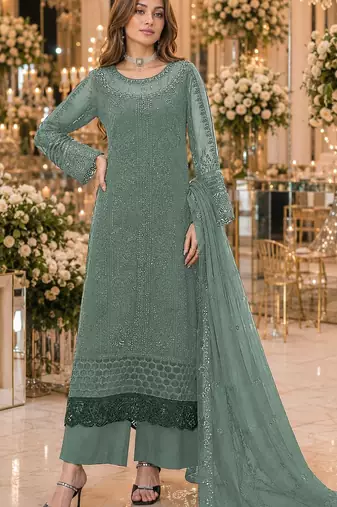 Sea green chiffon suit with thread embroidery & sequin work